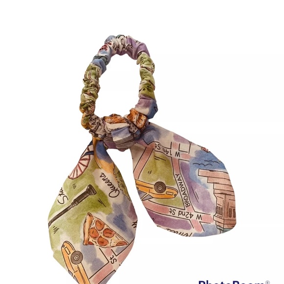 NYC maps icons multi print hair tie scrunchie hand made USA cotton rare fun gift - Picture 2 of 5